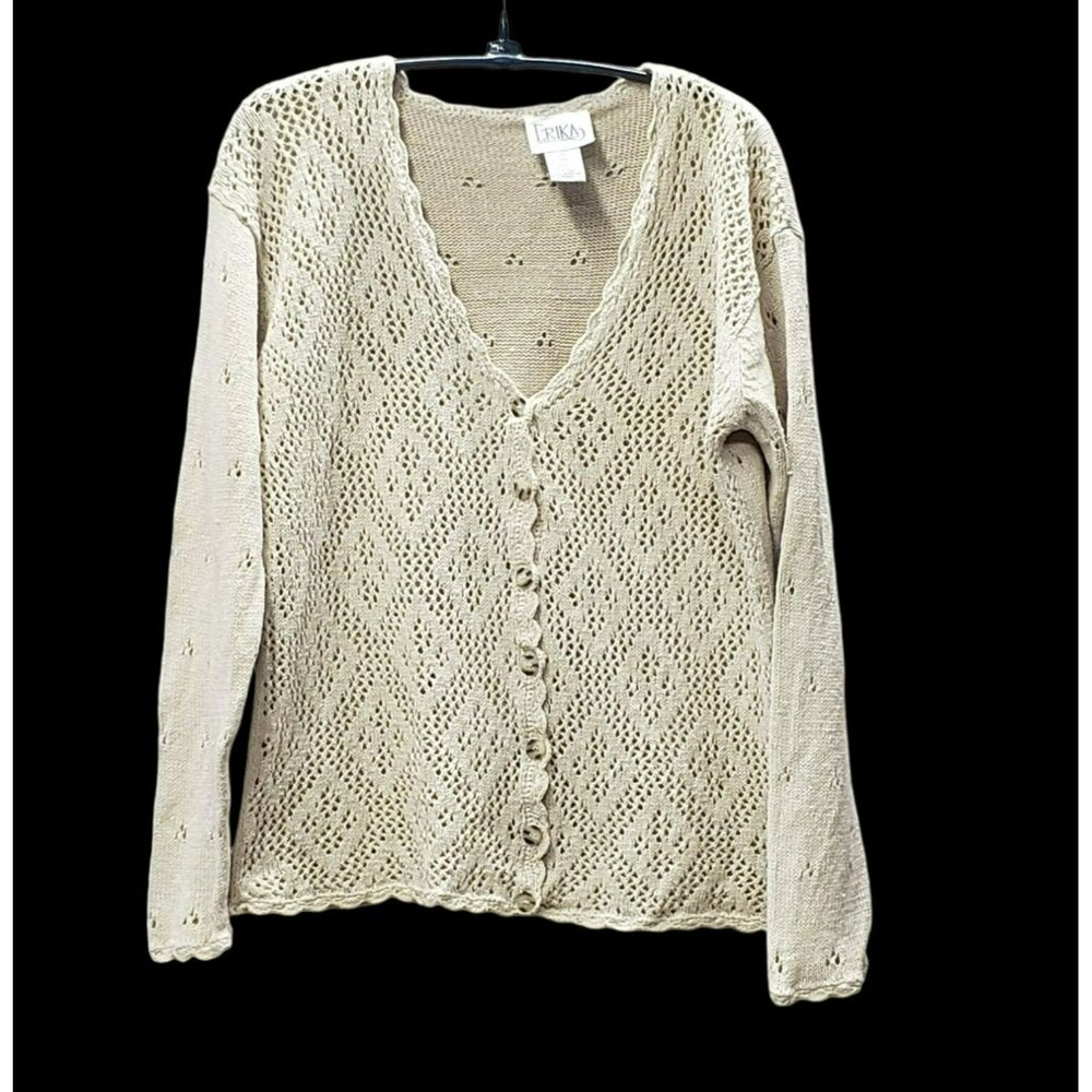 Erika Beige Sweater, V-Neck, Scalloped Hem, Women's M, Button Front, L/S